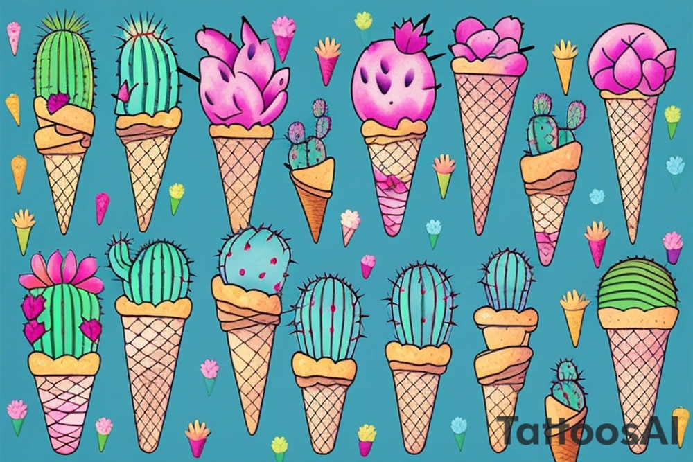 Colorful Cactus ice cream cone tattoo idea