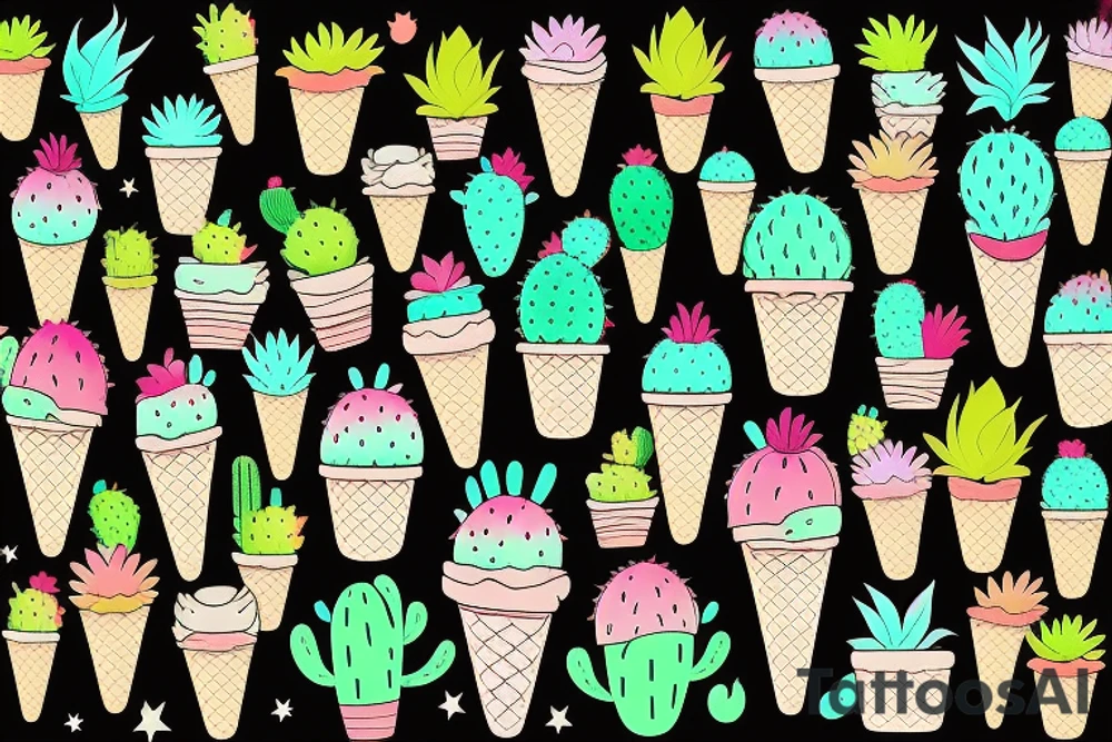 Colorful Cactus ice cream cone tattoo idea