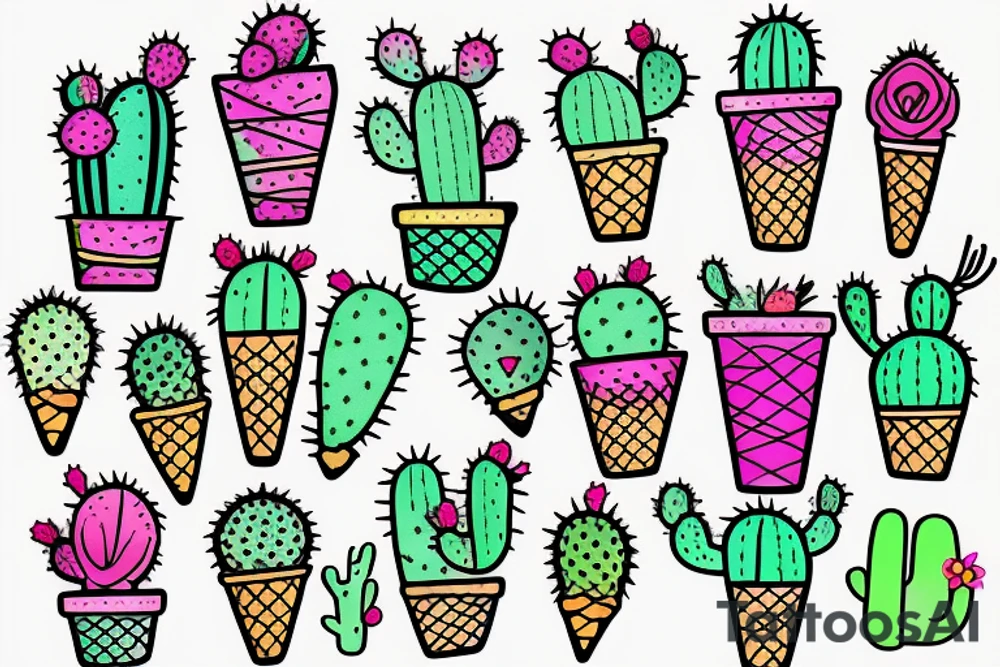 Colorful Cactus ice cream cone tattoo idea