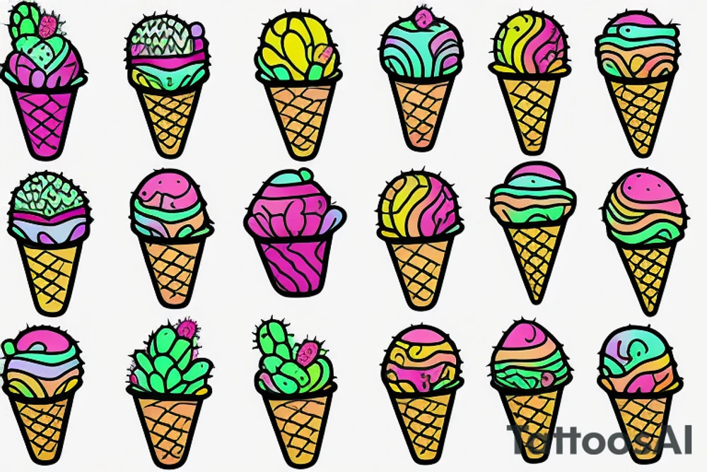 Colorful Cactus ice cream cone tattoo idea