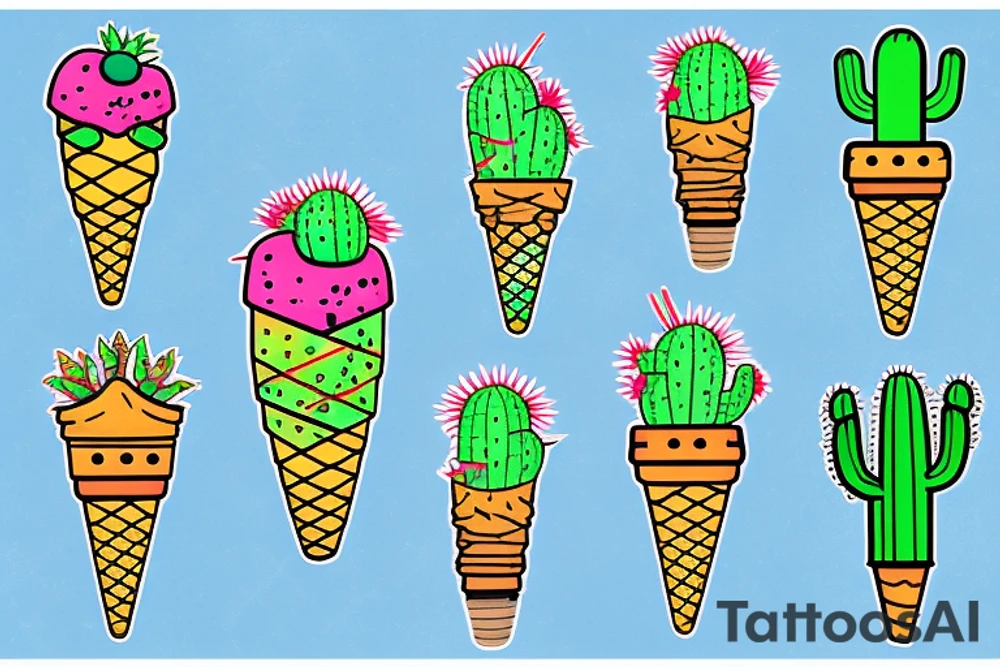 Colorful Cactus ice cream cone tattoo idea