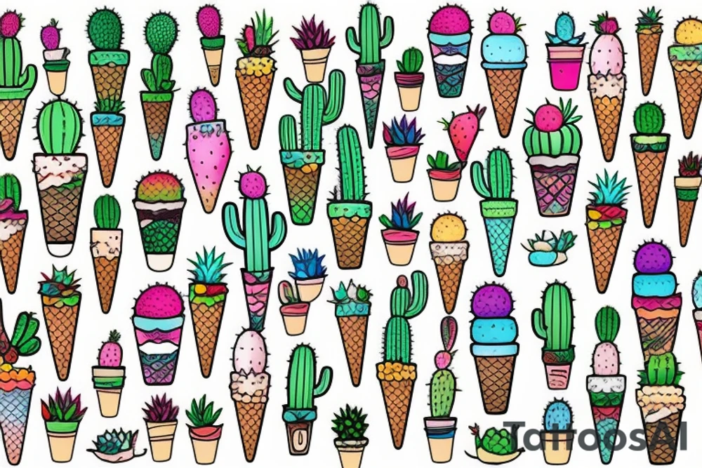 Colorful Cactus ice cream cone tattoo idea