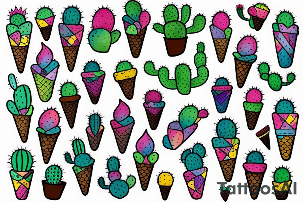 Colorful Cactus ice cream cone tattoo idea