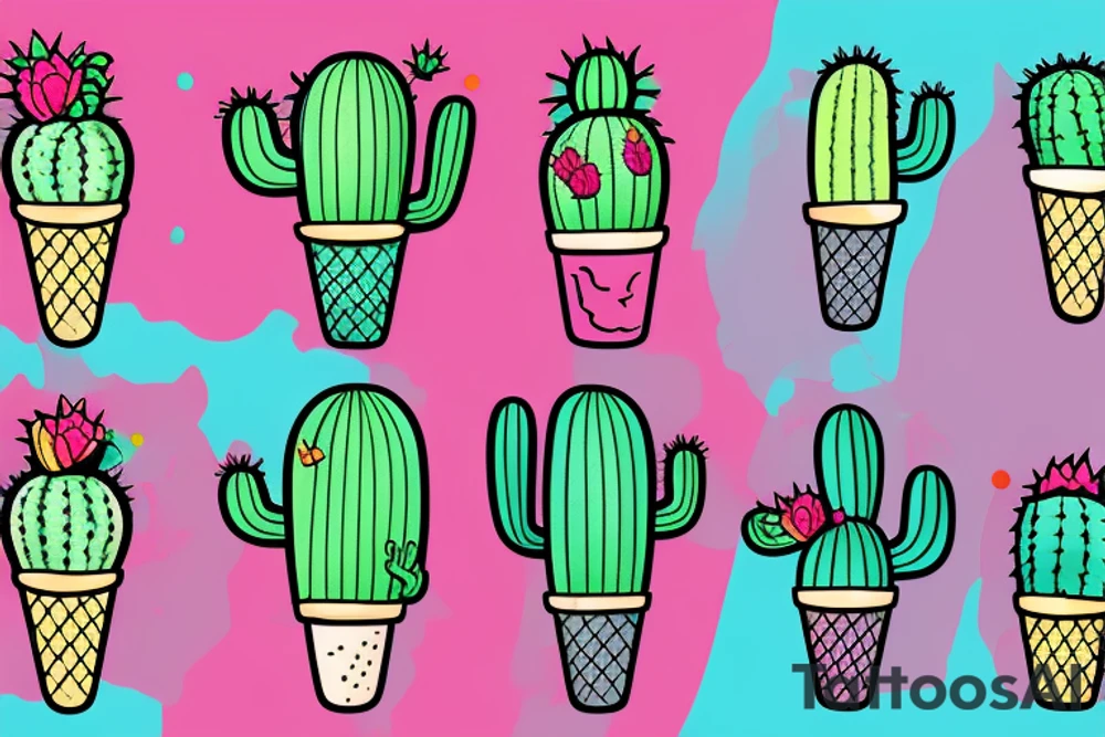 Colorful Cactus ice cream cone tattoo idea