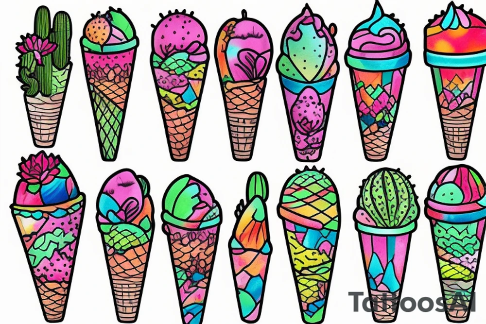 Colorful Cactus ice cream cone tattoo idea