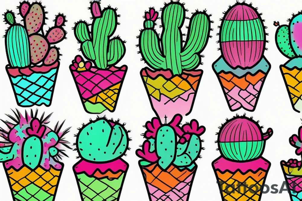 Colorful Cactus ice cream cone tattoo idea