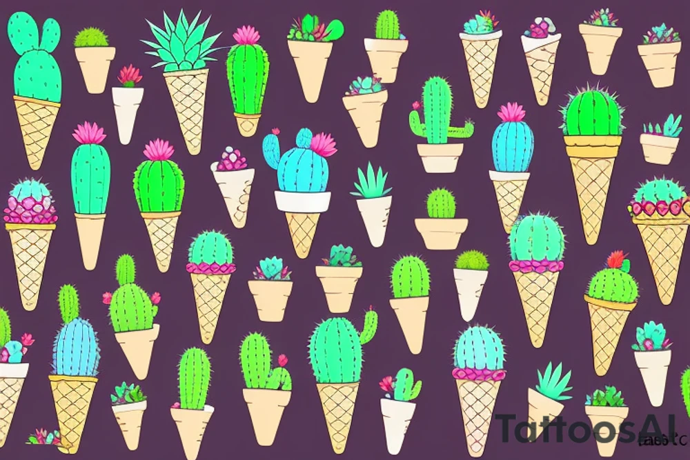 Colorful Cactus ice cream cone tattoo idea