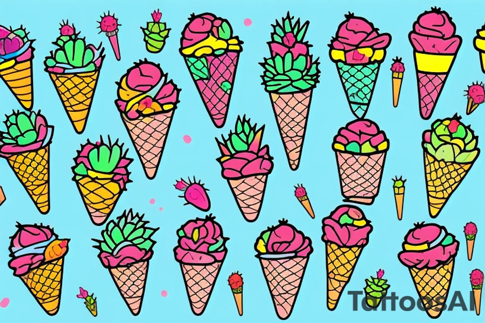 Colorful Cactus ice cream cone tattoo idea