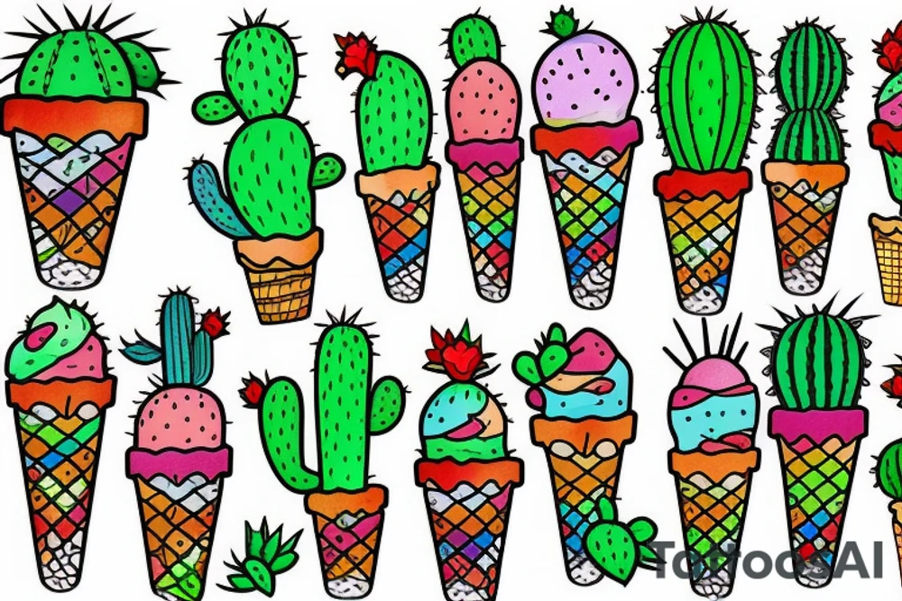 Colorful Cactus ice cream cone tattoo idea