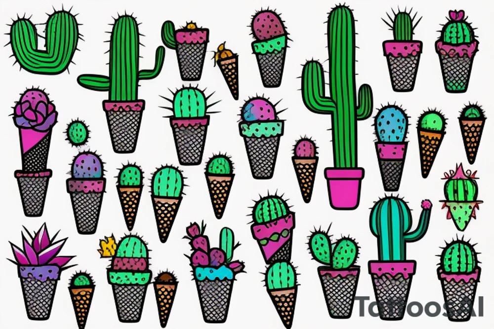 Colorful Cactus ice cream cone tattoo idea
