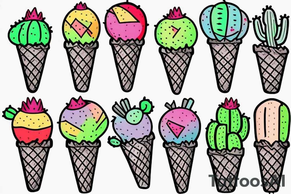 Colorful Cactus ice cream cone tattoo idea