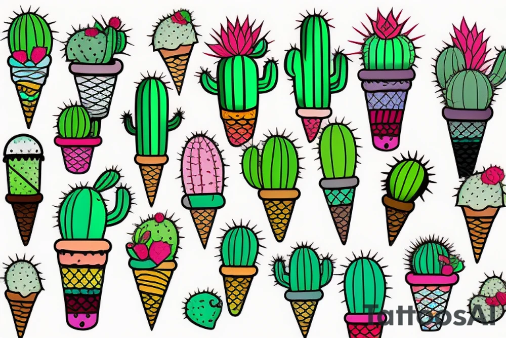 Colorful Cactus ice cream cone tattoo idea