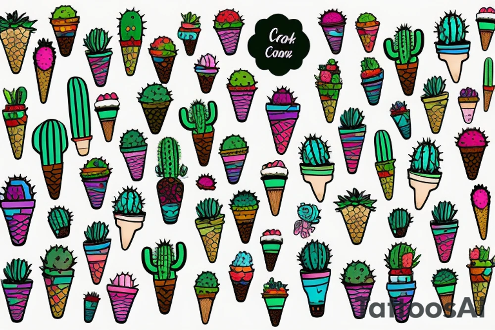 Colorful Cactus ice cream cone tattoo idea