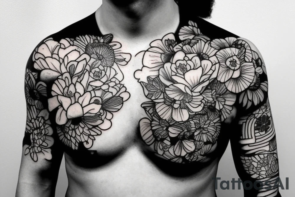 samurai, flowers, chest tattoo idea