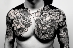 samurai, flowers, chest tattoo idea