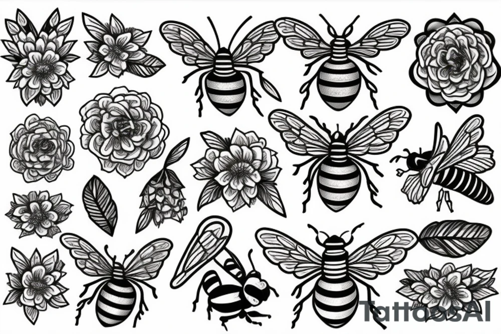 Honeycomb, two bees, larkspur, carnation tattoo idea
