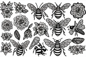 Honeycomb, two bees, larkspur, carnation tattoo idea