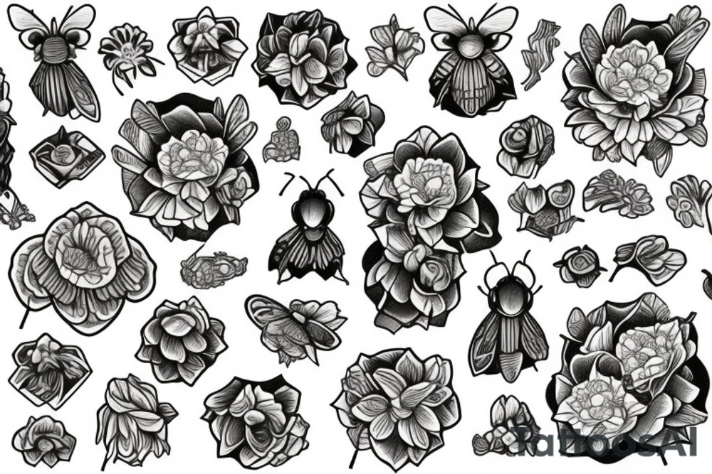 Honeycomb, two bees, larkspur, carnation tattoo idea