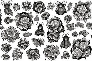 Honeycomb, two bees, larkspur, carnation tattoo idea