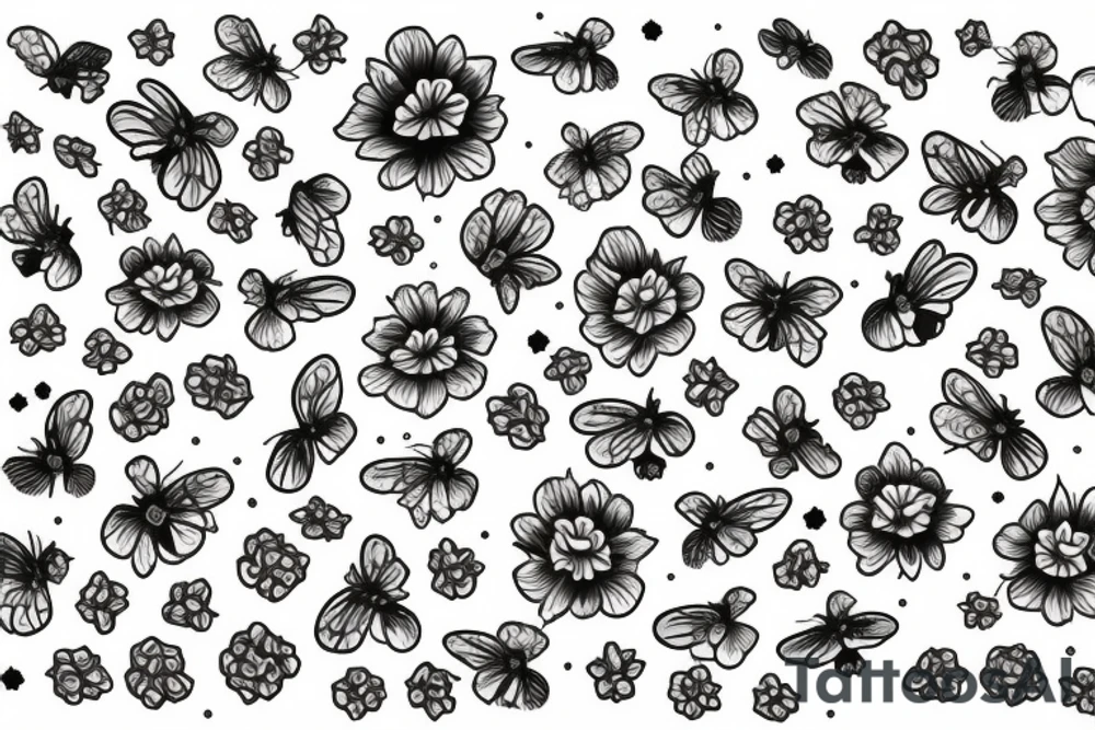Honeycomb background with two flying bees and a bouquet of larkspur and carnation tattoo idea