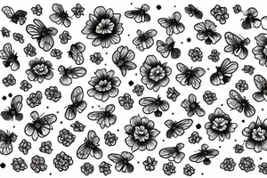 Honeycomb background with two flying bees and a bouquet of larkspur and carnation tattoo idea