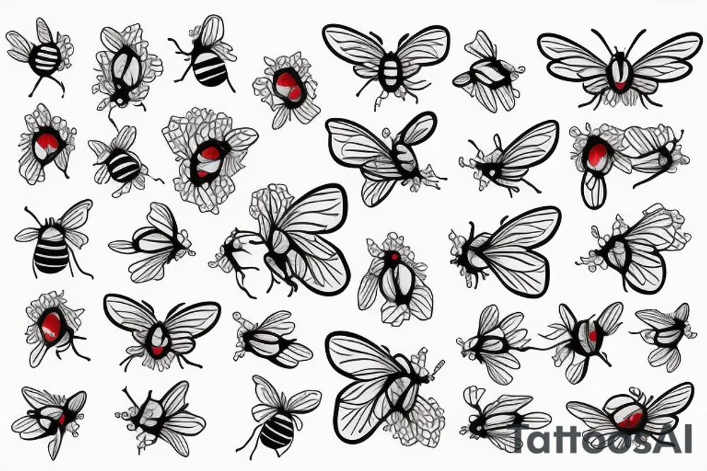 Honeycomb background with two flying bees and a bouquet of larkspur and carnation tattoo idea