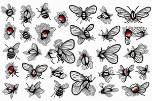 Honeycomb background with two flying bees and a bouquet of larkspur and carnation tattoo idea