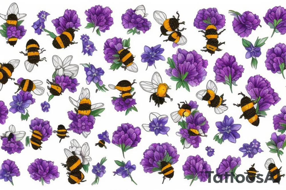 Honeycomb background with two flying bees and a bouquet of larkspur and carnation tattoo idea
