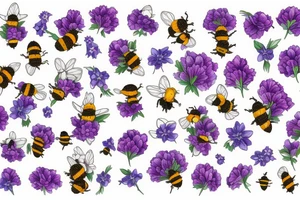 Honeycomb background with two flying bees and a bouquet of larkspur and carnation tattoo idea