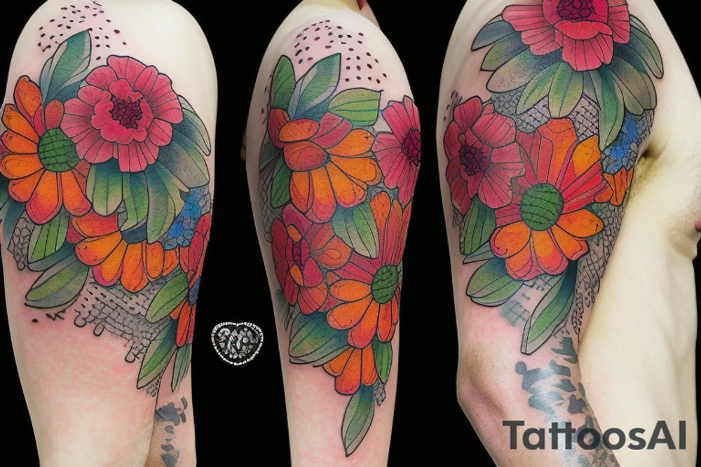 Honeycomb background with two flying bees and a bouquet of larkspur and carnation tattoo idea