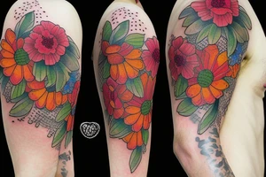 Honeycomb background with two flying bees and a bouquet of larkspur and carnation tattoo idea