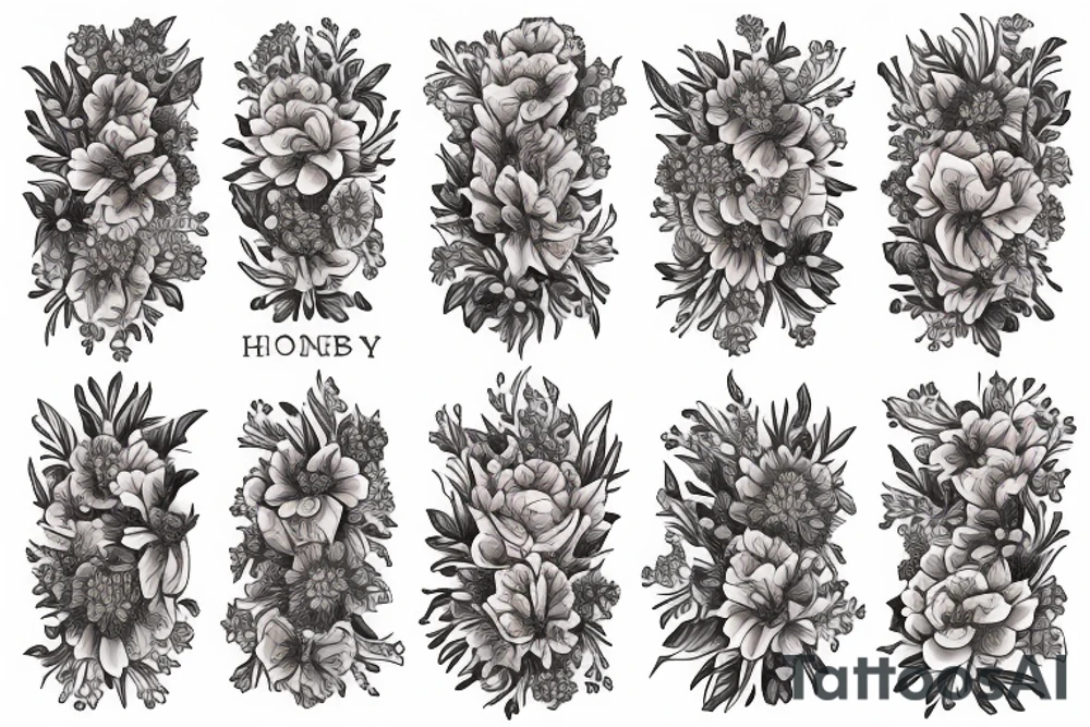 Honeycomb background with two bees and a bouquet of larkspur and carnation tattoo idea
