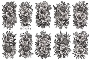 Honeycomb background with two bees and a bouquet of larkspur and carnation tattoo idea