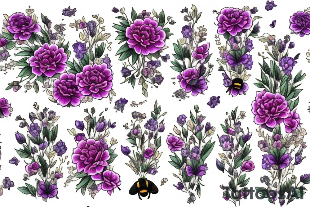 Honeycomb background with two bees and a bouquet of larkspur and carnation tattoo idea