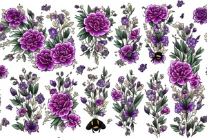 Honeycomb background with two bees and a bouquet of larkspur and carnation tattoo idea