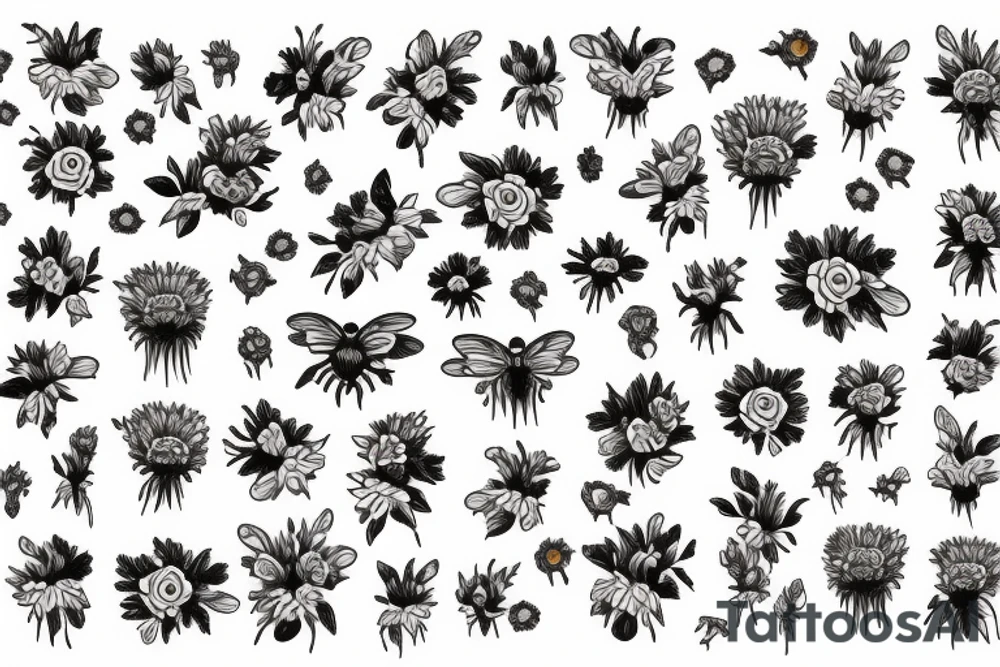 Honeycomb background with two bees and a bouquet of larkspur and carnation tattoo idea