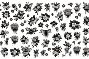 Honeycomb background with two bees and a bouquet of larkspur and carnation tattoo idea