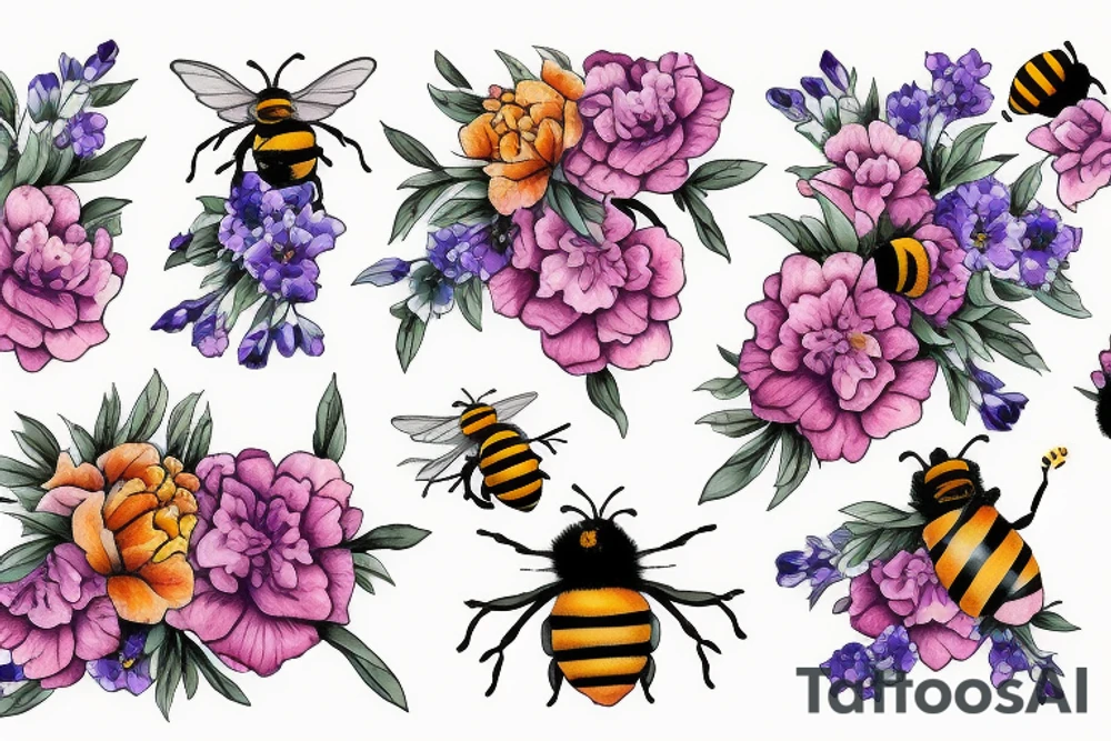 Honeycomb background with two bees and a bouquet of larkspur and carnation tattoo idea