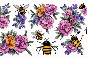 Honeycomb background with two bees and a bouquet of larkspur and carnation tattoo idea