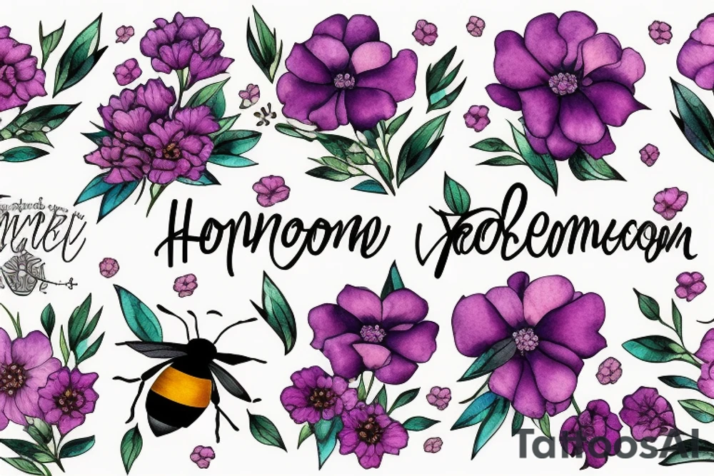 Honeycomb background with two bees and a bouquet of larkspur and carnation tattoo idea
