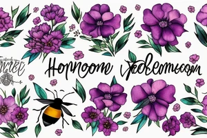 Honeycomb background with two bees and a bouquet of larkspur and carnation tattoo idea