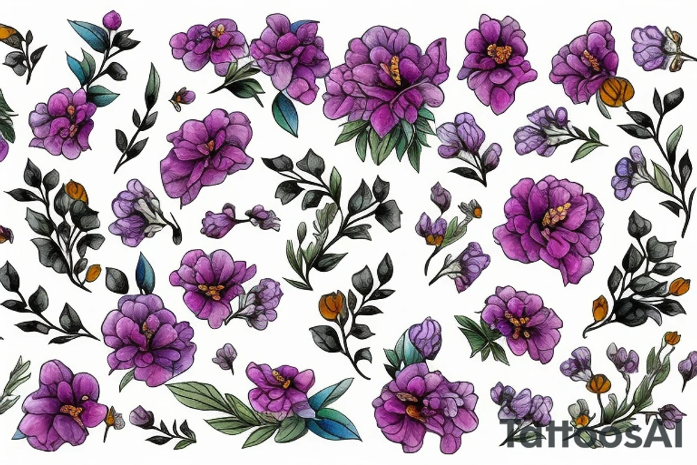 Honeycomb background with two small bees and a bouquet of larkspur and carnation tattoo idea