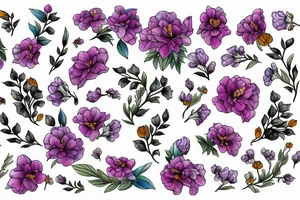 Honeycomb background with two small bees and a bouquet of larkspur and carnation tattoo idea