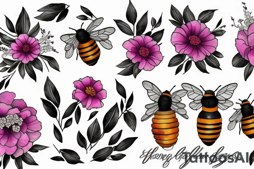 Honeycomb background with two small bees and a bouquet of larkspur and carnation tattoo idea