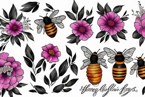 Honeycomb background with two small bees and a bouquet of larkspur and carnation tattoo idea