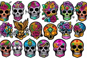 Skull with colorful jewels tattoo idea