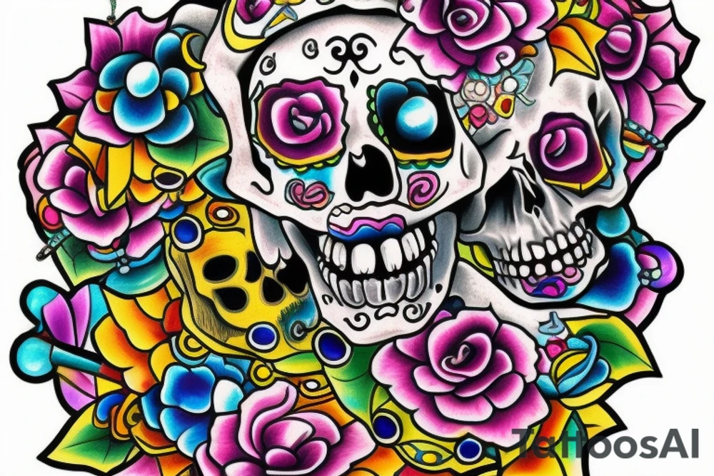 Skull with colorful jewels tattoo idea