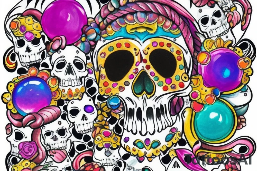 Skull with colorful gems tattoo idea