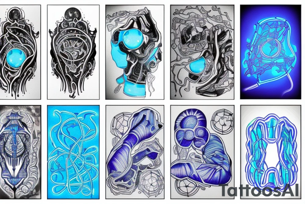 sci-fi tattoo with neon blue rings and interconnected vasculature tattoo idea