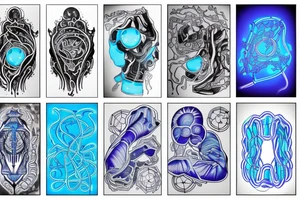 sci-fi tattoo with neon blue rings and interconnected vasculature tattoo idea